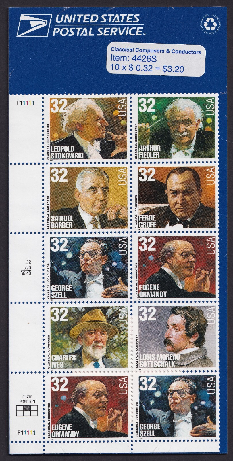 Scott #3165a Classical Composers & Conductors Plate Block 10 Stamps Sealed Blue