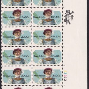 Scott #2024 Ponce de Leon (Florida) Plate Zip Block of 20 Stamps - MNH Right