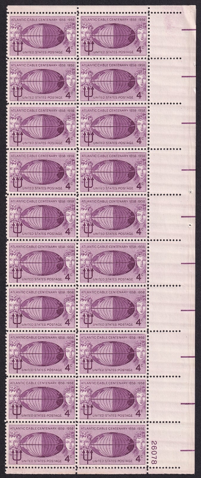 Scott #1112 TransAtlantic Cable Plate Block of 20 Stamps - MNH P#26078 PC#7
