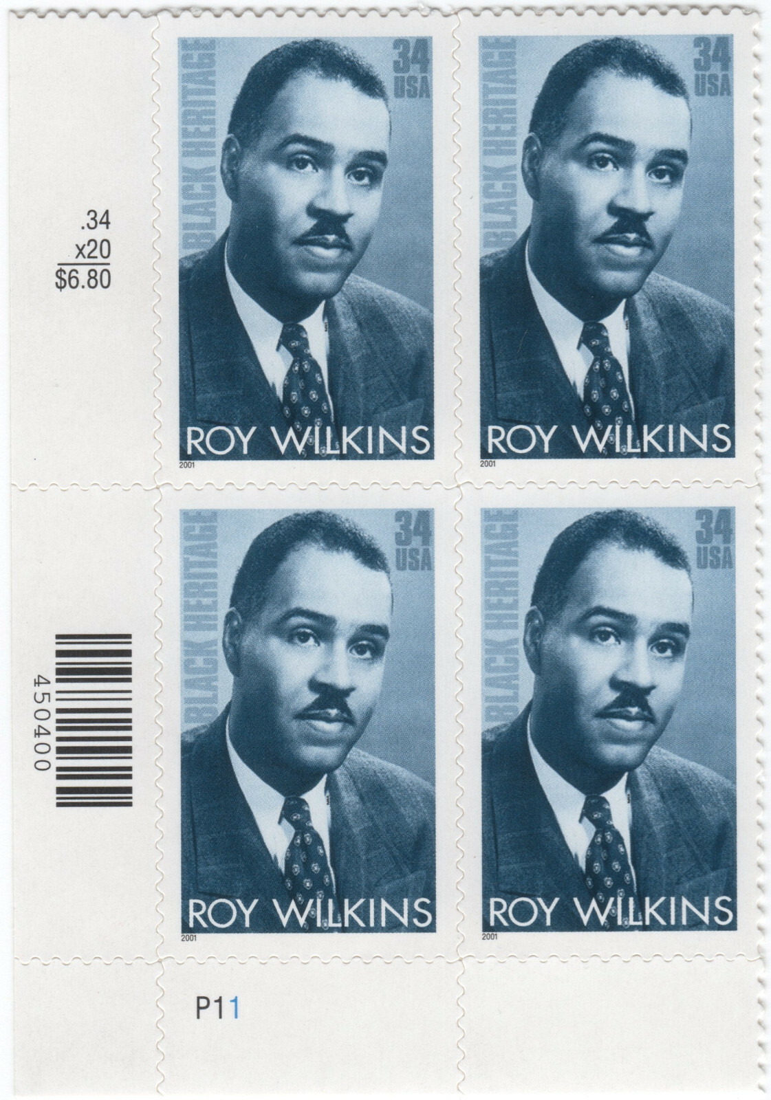 Scott #3501 Roy Wilkins (Black Heritage) Plate Block of 4 Stamps - MNH