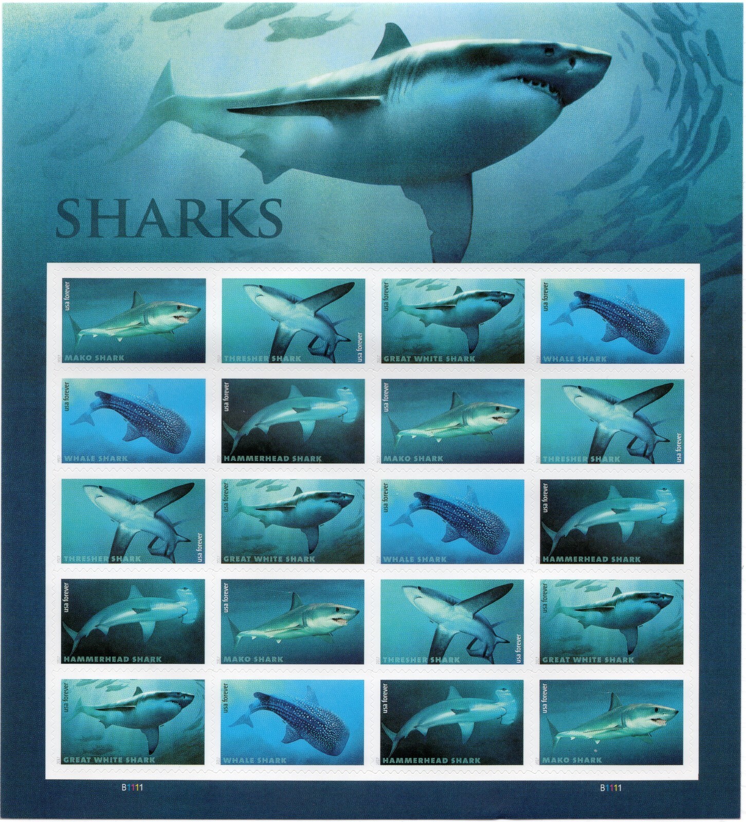 Scott #5227a Sharks Sheet of 20 Forever Stamps - MNH