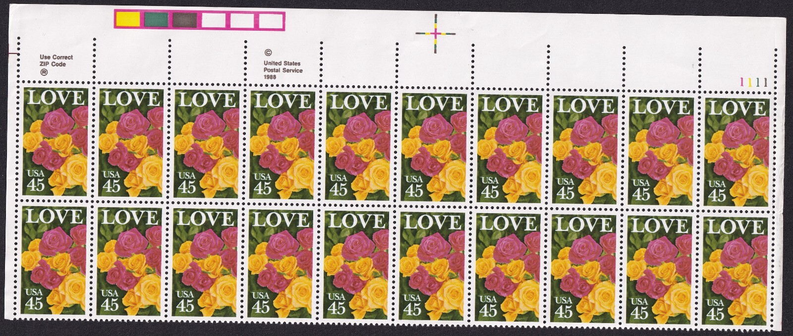 Scott #2379 Love Flowers Plate Block of 20 Stamps - MNH PC#7