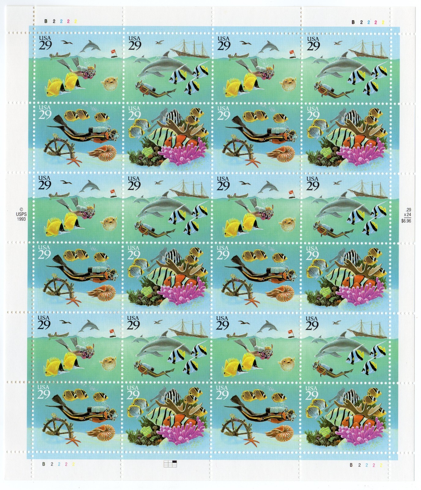 Scott #2866a (2863-2866) Wonders Of The Sea Sheet of 24 Stamps - MNH P#B2222