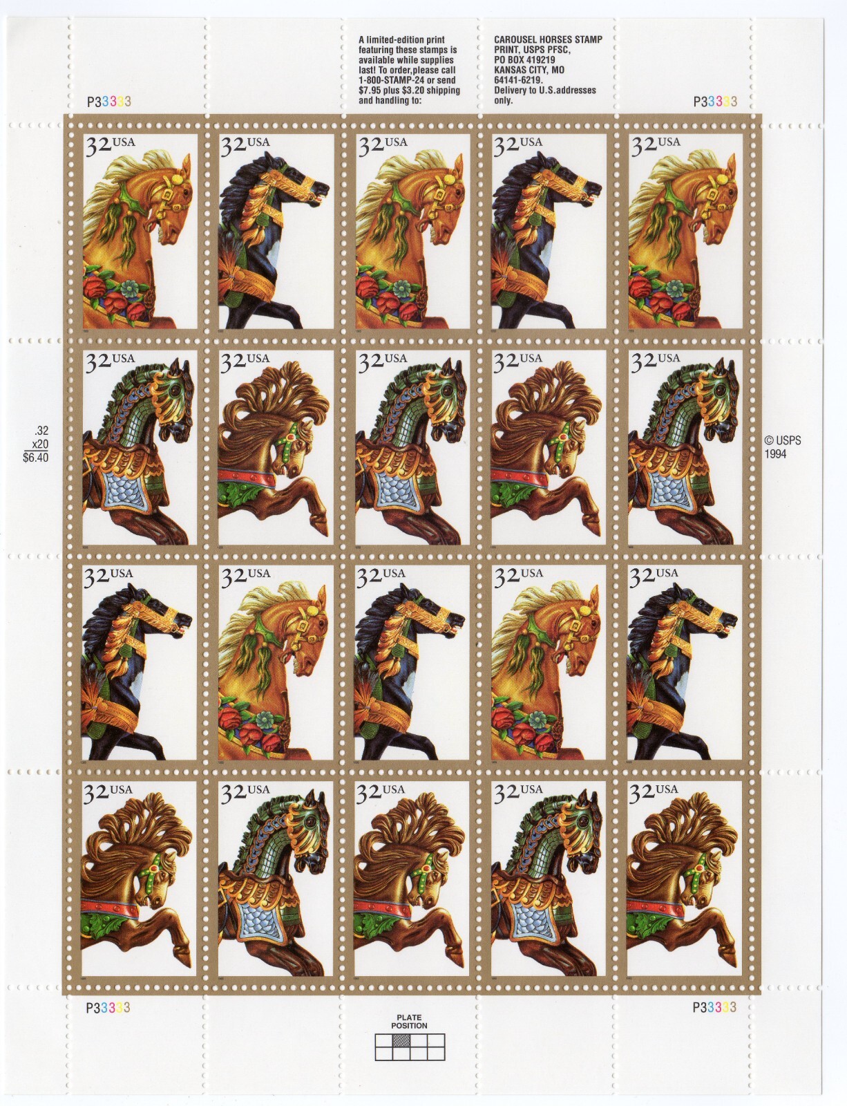 Scott #2979a (2976-79) Carousel Horses Full Sheet of 20 Stamps - MNH
