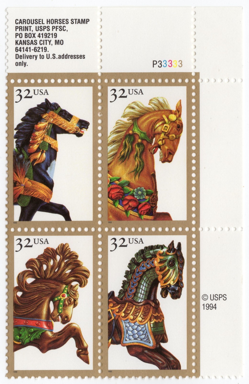 Scott #2979a (2976-79) Carousel Horses Plate Block of 4Stamps - MNH UR P#33333