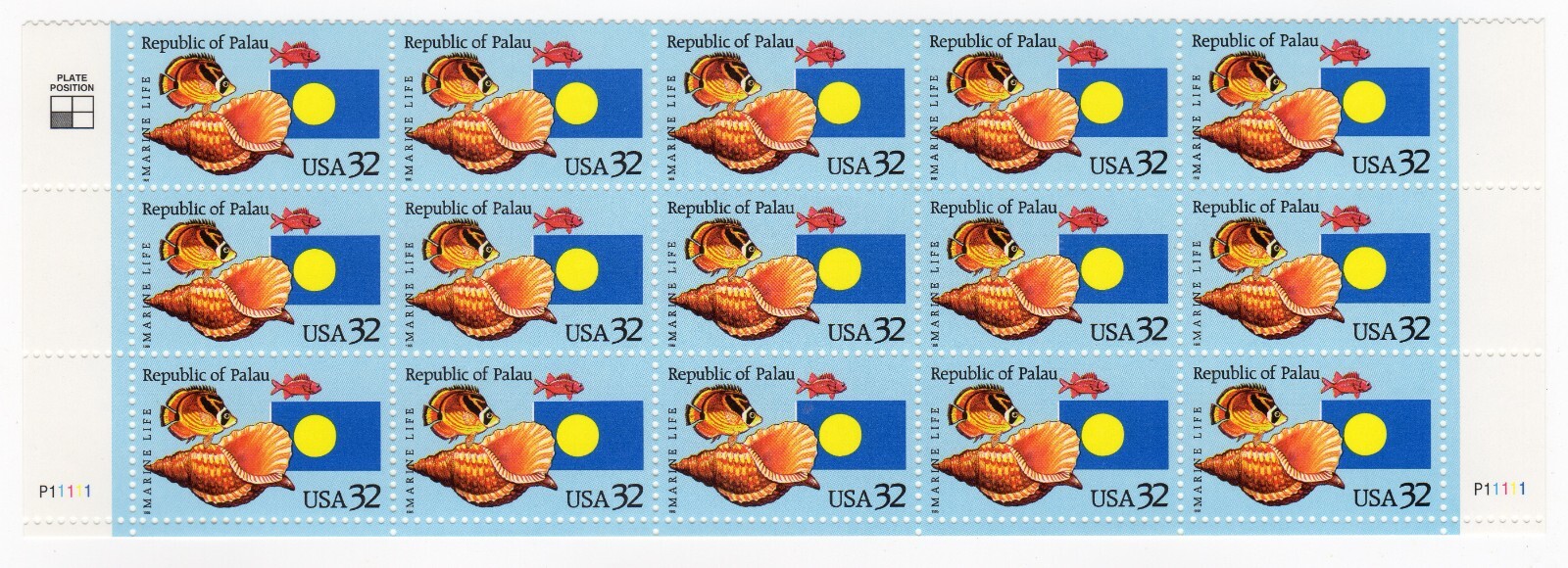 Scott #2999 Republic of Palau (seashell) Partial Sheet of 15 Stamps - MNH