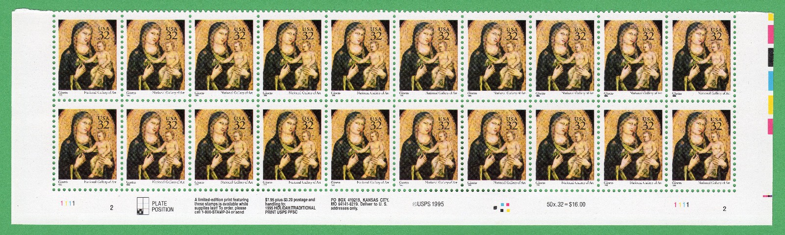 Scott #3003 Madonna (Giotto) Plate Block of 20 Stamps - MNH P#1111-2 Bottom