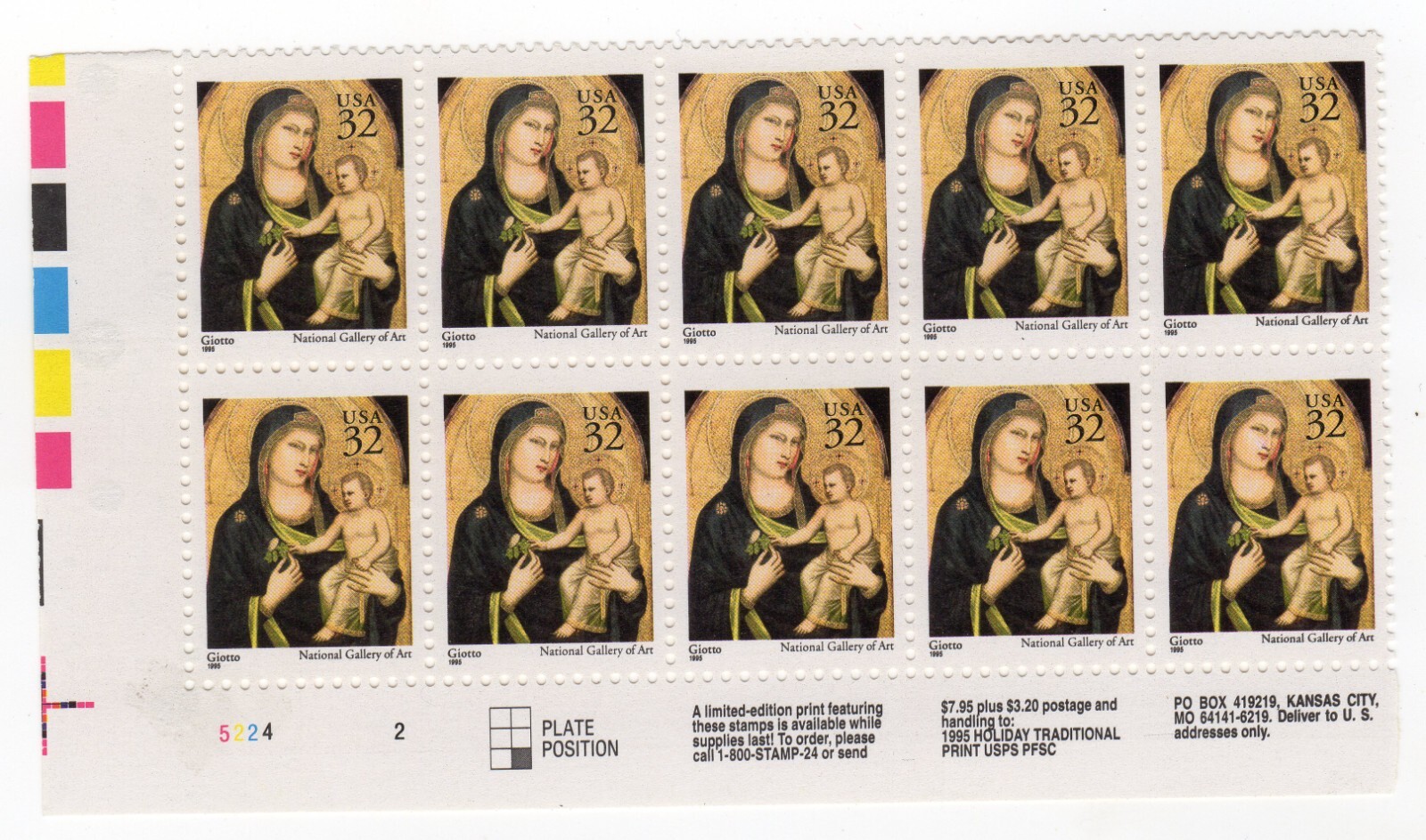 Scott #3003 Madonna (Mary, Giotto) Plate Block of 10 Stamps - MNH LL
