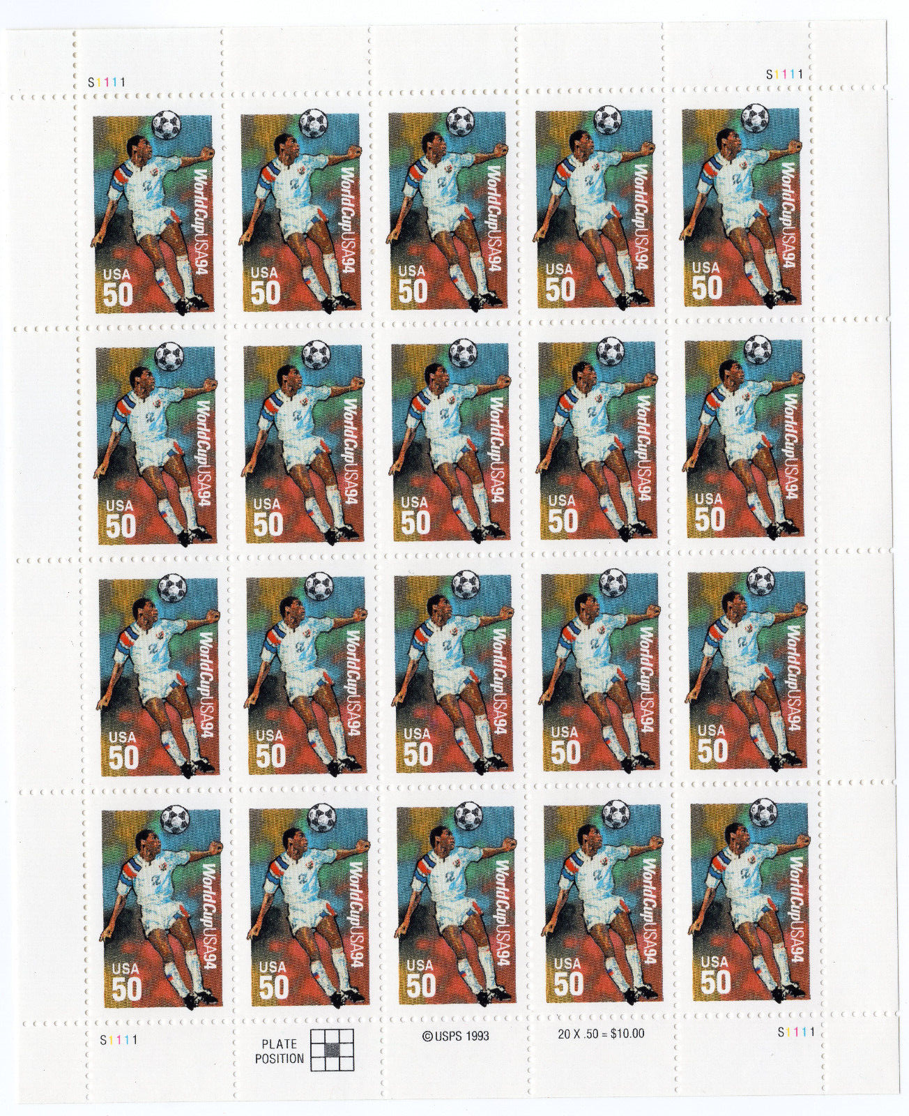 Scott #2836 World Cup Soccer 50c Sheet of 20 Stamps - MNH