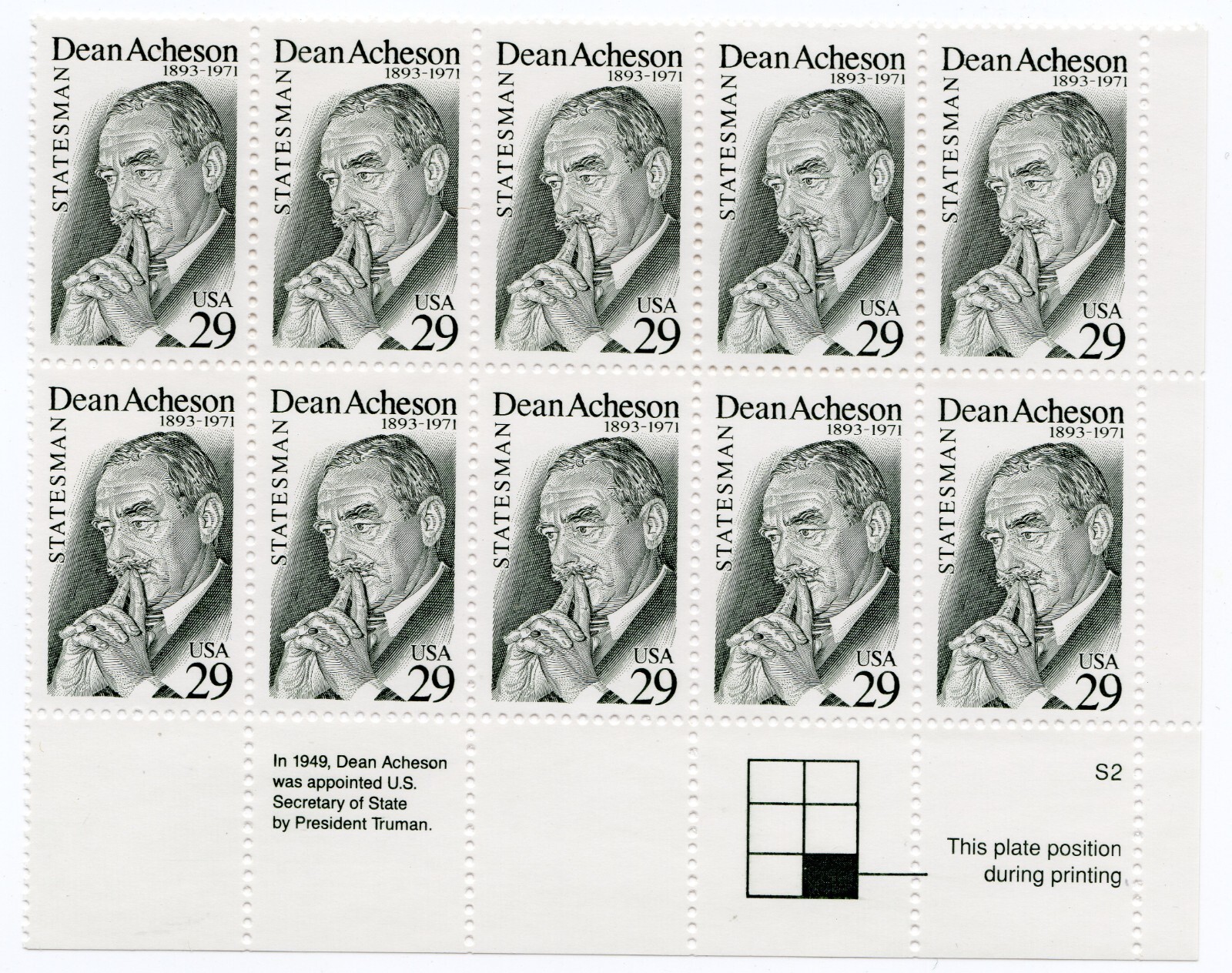 Scott #2755 29¢ Dean Acheson Plate Block of 10 Stamps - MNH LR