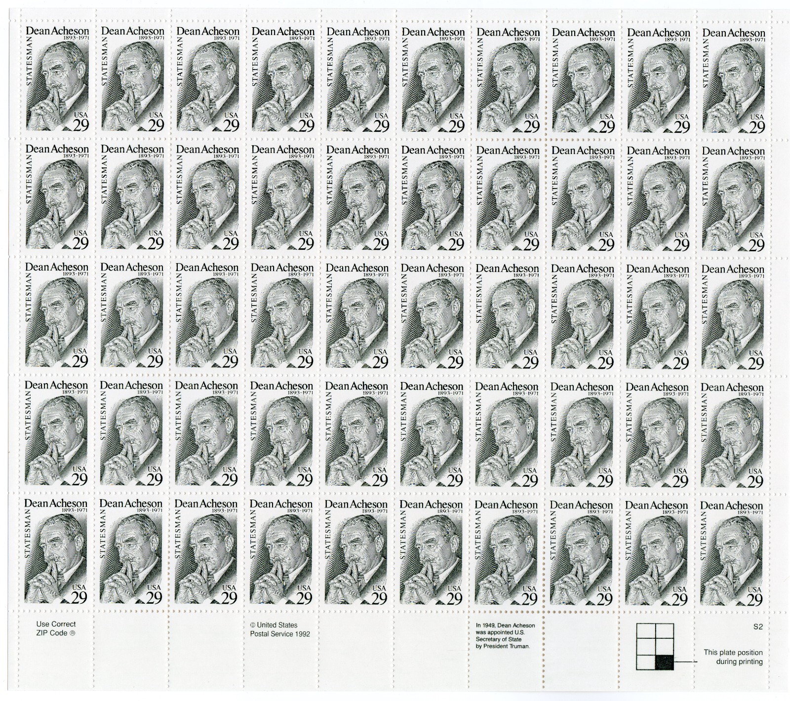 Scott #2755 29¢ Dean Acheson Sheet of 50 Stamps - MNH LR