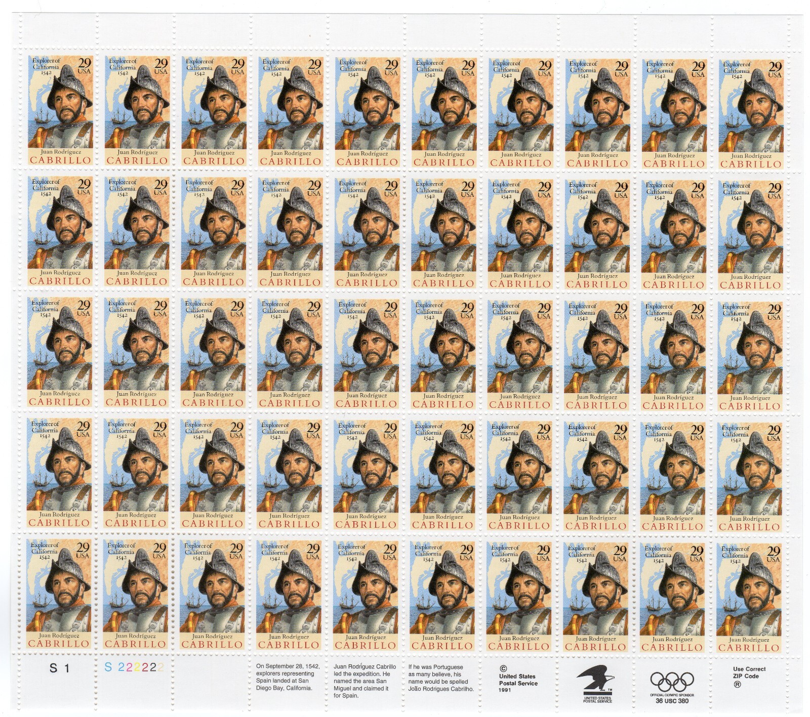 Scott #2704 Juan Rodriguez Cabrillo California Sheet of 50 Stamps - MNH