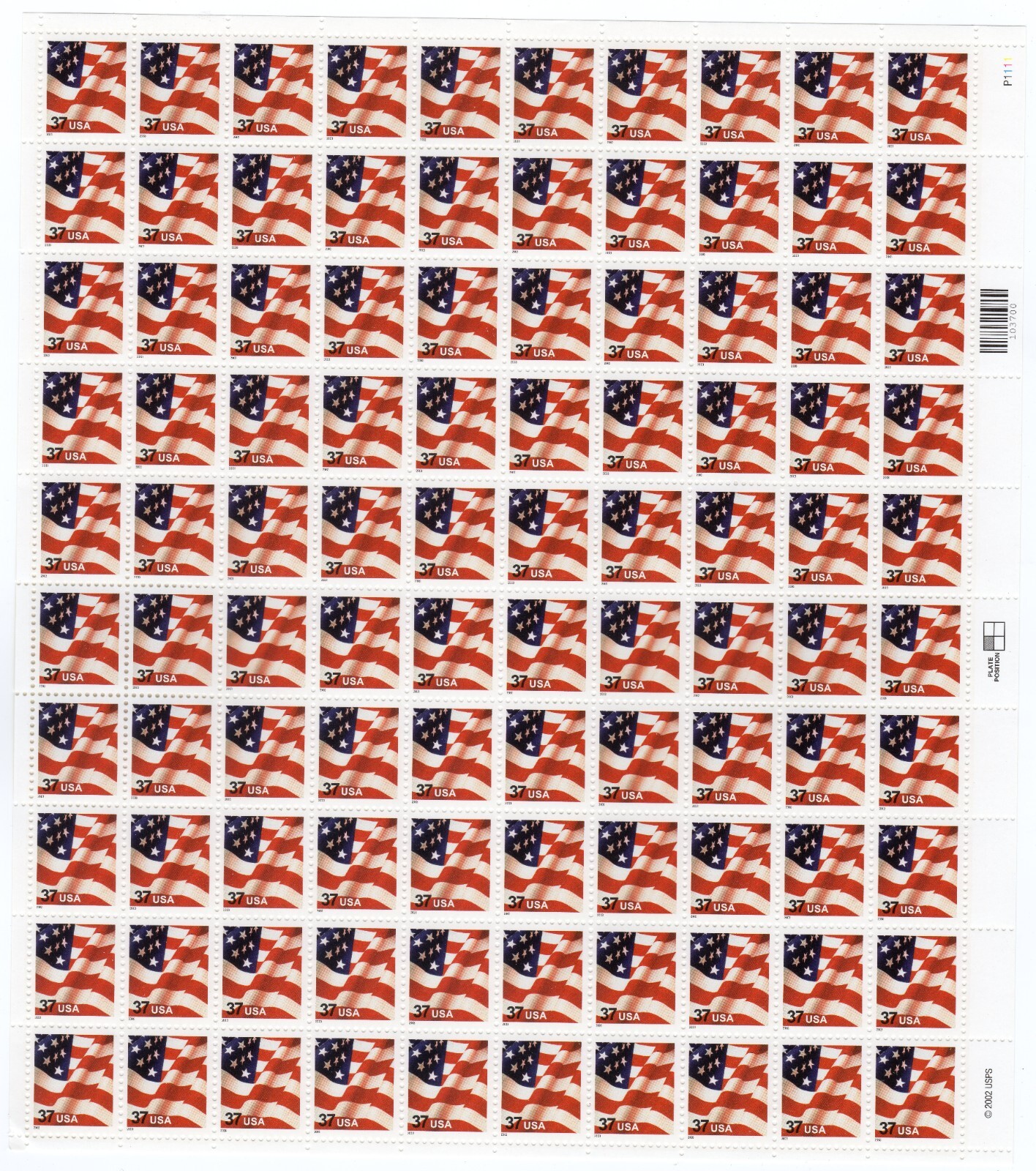 Scott #3629F Waving Flag Sheet of 100 Stamps - MNH P#P111