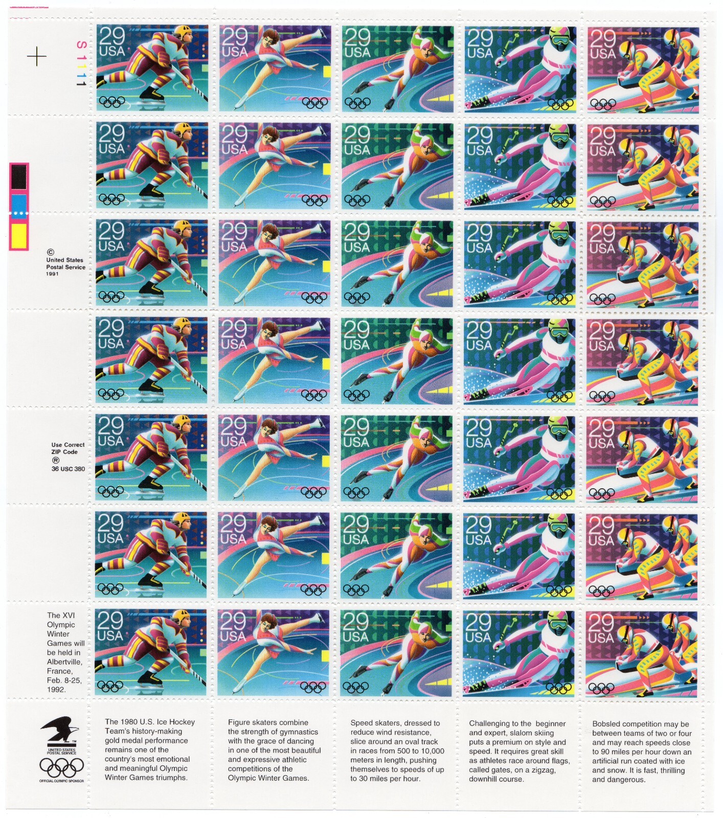 Scott #2615a (2611-15) 29¢ Winter Olympics Full Sheet of 35 Stamps - MNH