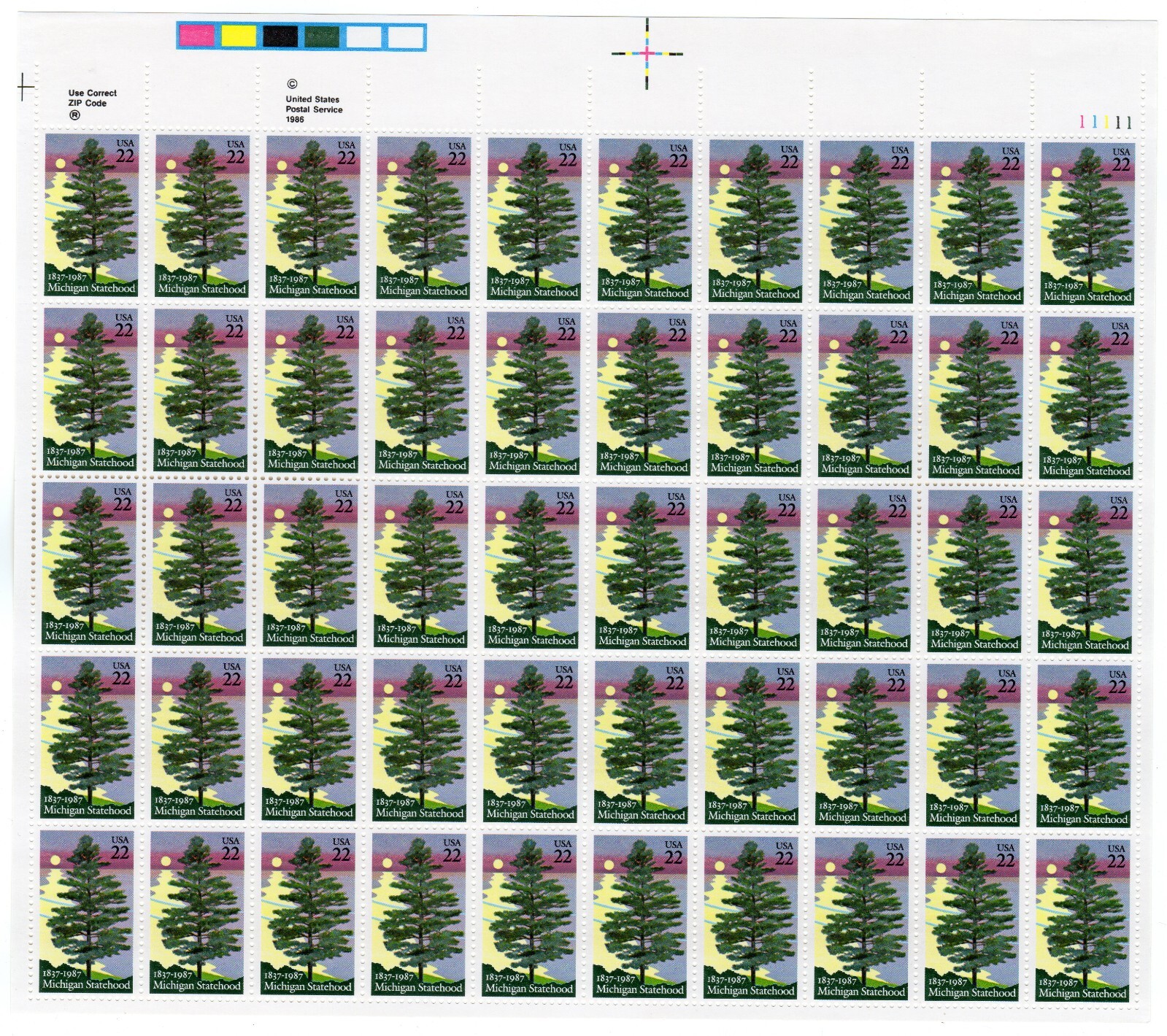 Scott #2246 Michigan Arboretum Sheet of 50 Stamps - MNH P#11111 UR Cross