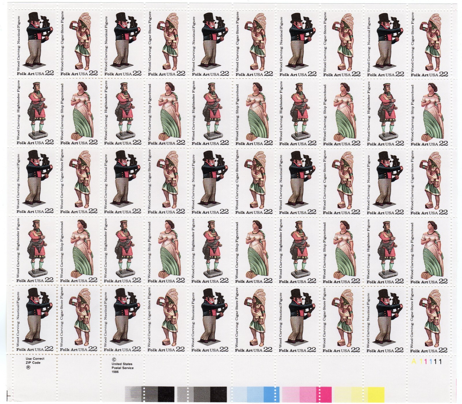 Scott #2240-2243a Woodcarved Figurine (Folk Series) Sheet of 50 Stamps - MNH LR