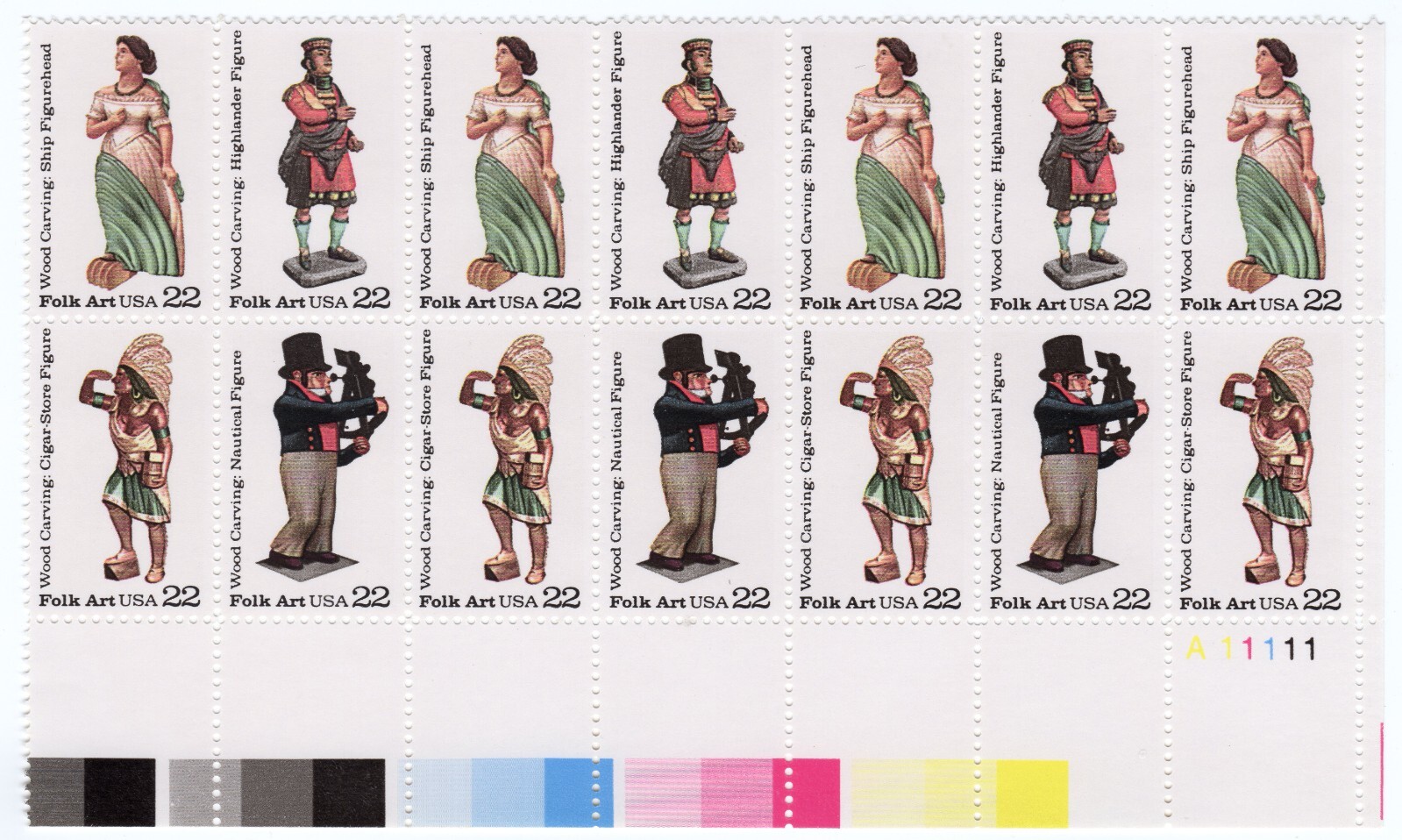 Scott #2243a (2240-43) Wood Carved Figurines Plate Block of 14 Stamps - MNH LR