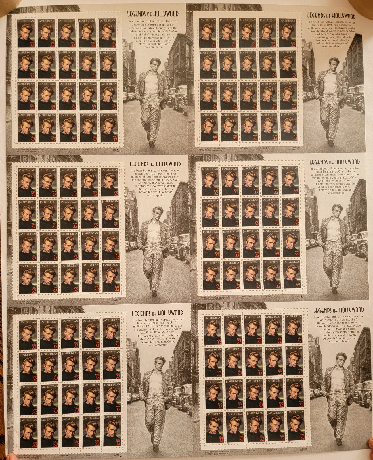Scott #3082 James Dean Stamp UNCUT Sheet (120 stamps) MNH