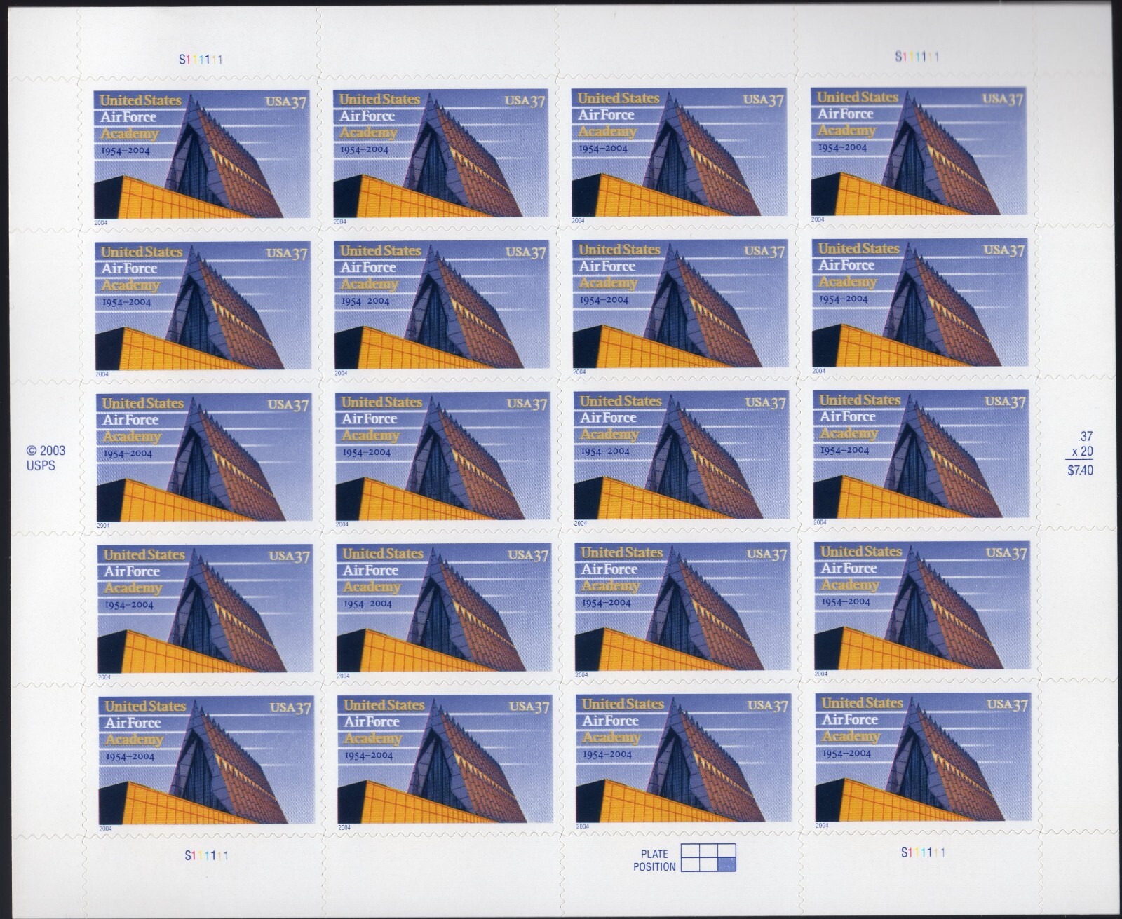 Scott #3838 Air Force Academy Full Sheet of 20 Stamps - MNH