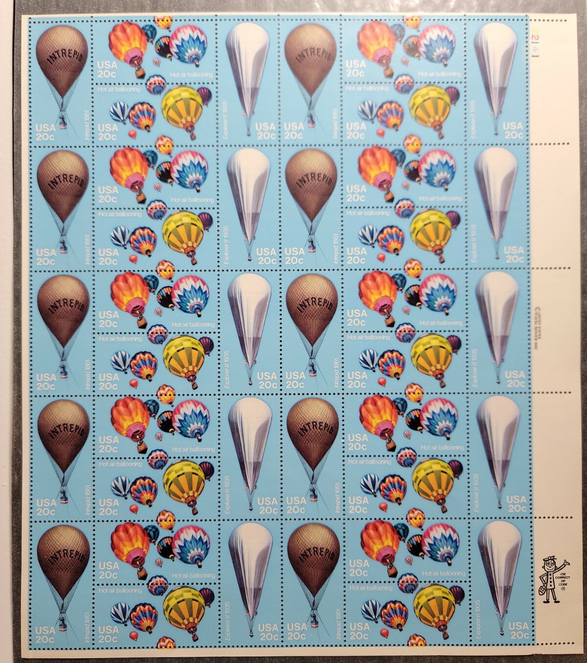 Scott #2035a (2032-2035) Hot Air Balloons Full Sheet of 40 Stamps - MNH P#2141
