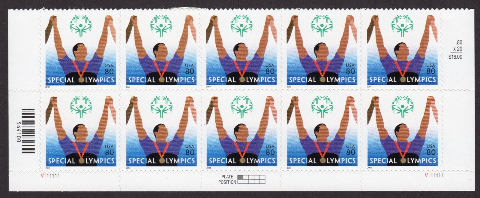 Scott #3771 Special Olympics Plate Block of 10 Stamps - MNH