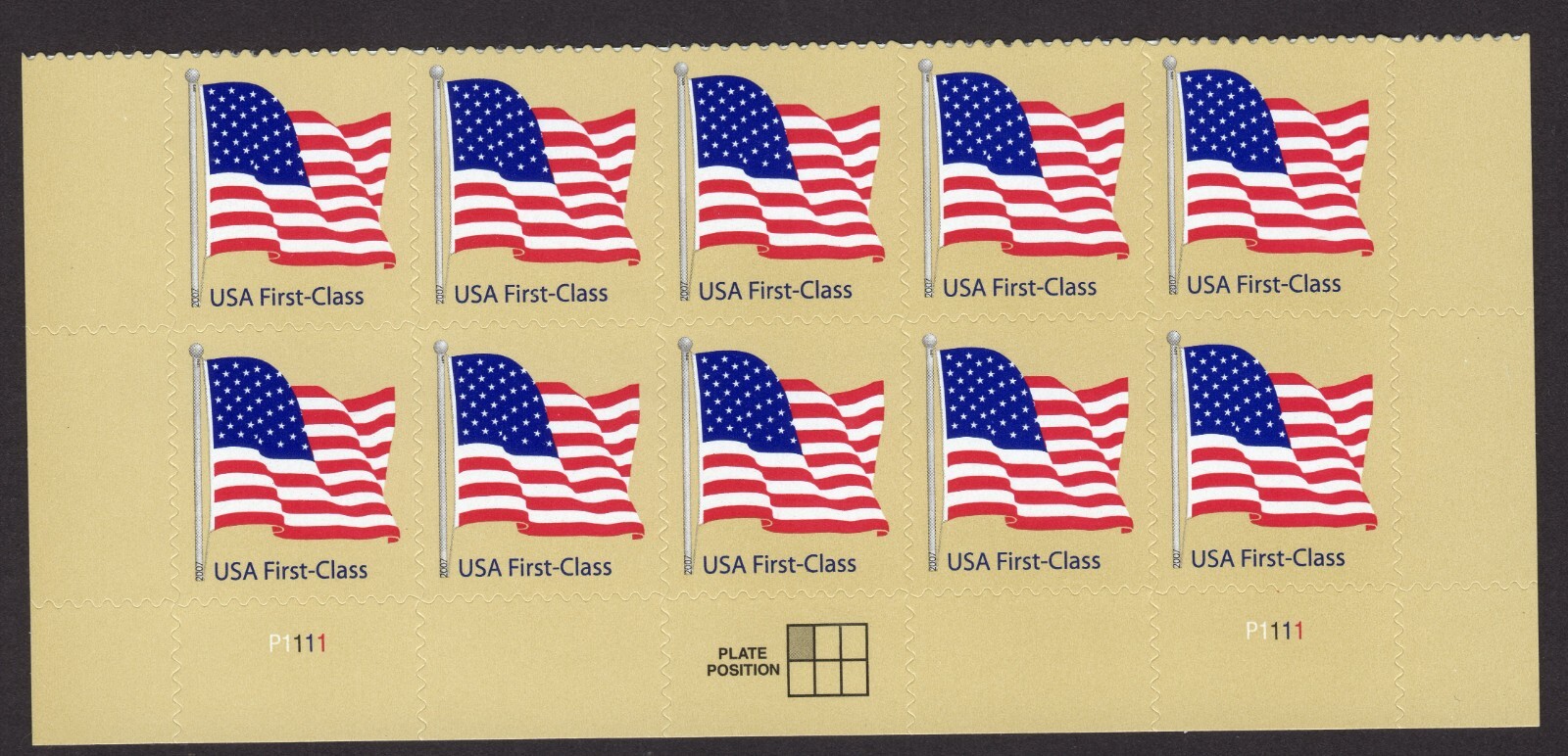 Scott #4130 US Flag on Golden Background Plate Block of 10 Stamps - MNH Bottom