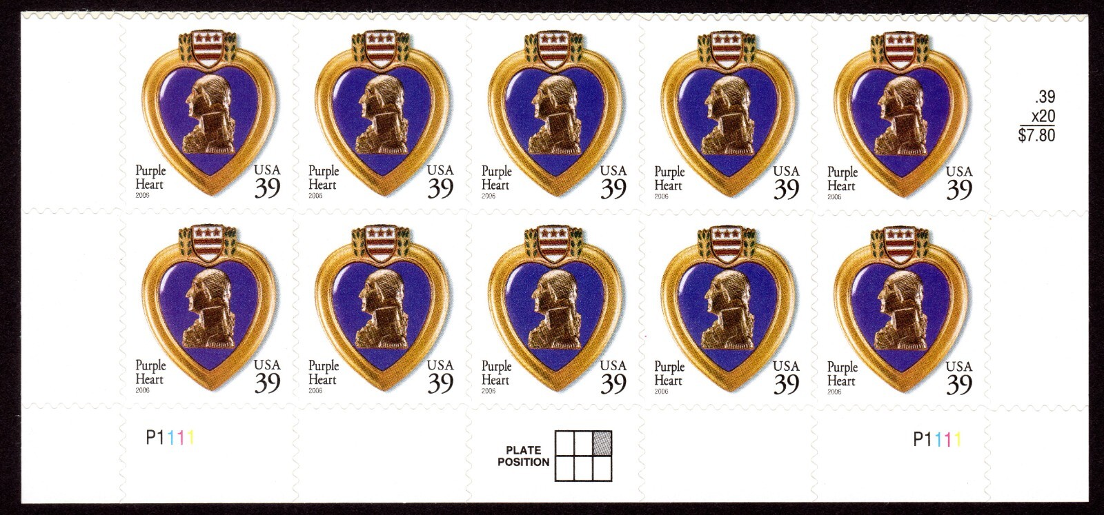 Scott #4032 Purple Heart Plate Block of 10 Stamps - MNH