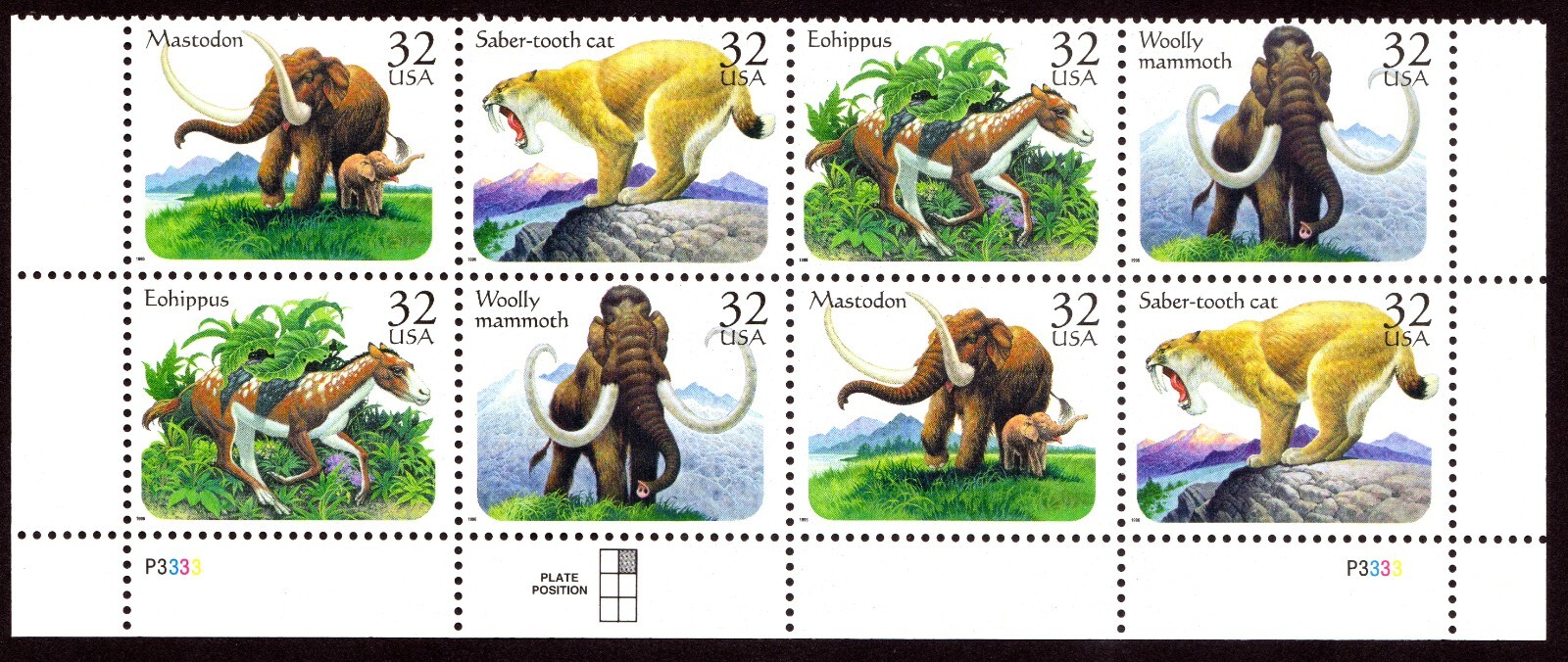 Scott #3080a (3077-80) Prehistoric Animals Plate Block of 8 Stamps - MNH Bottom