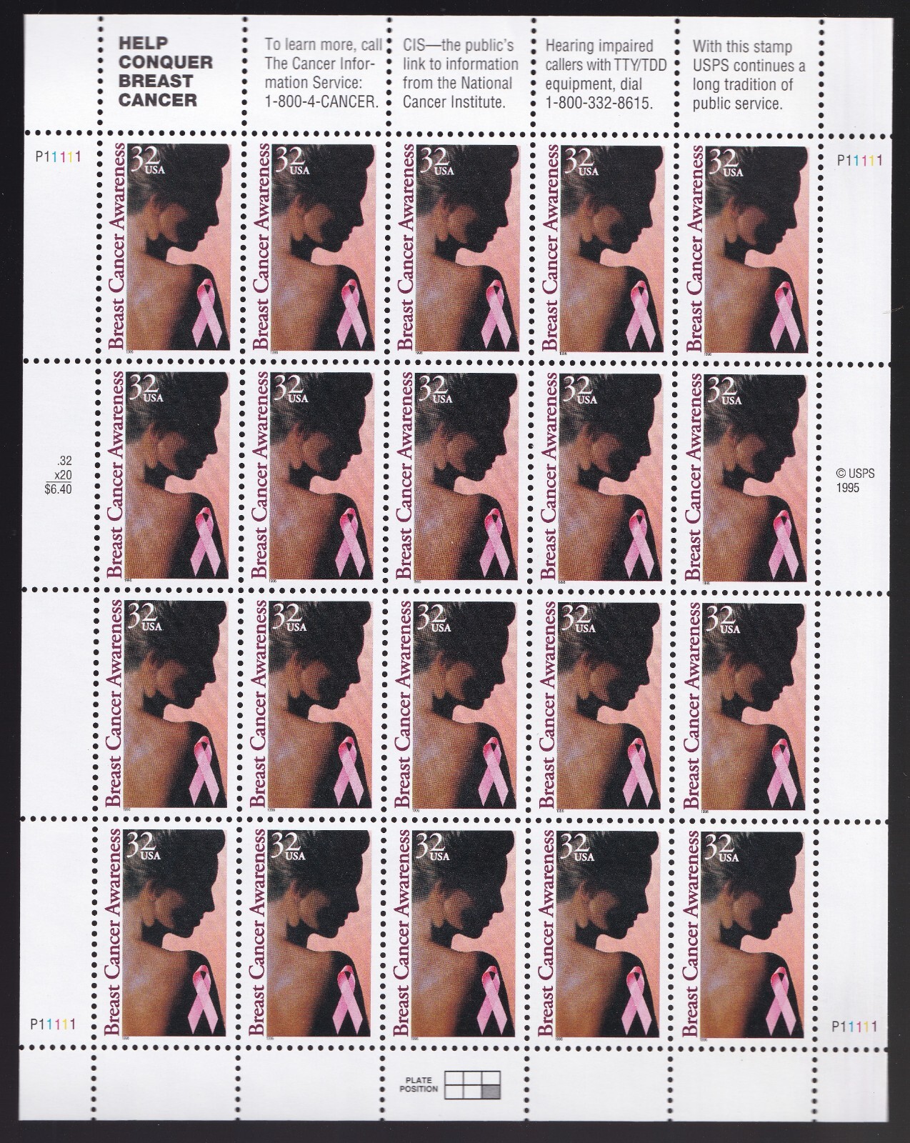 Scott #3081 Breast Cancer Awareness Full Sheet of 20 32¢ Stamps - MNH