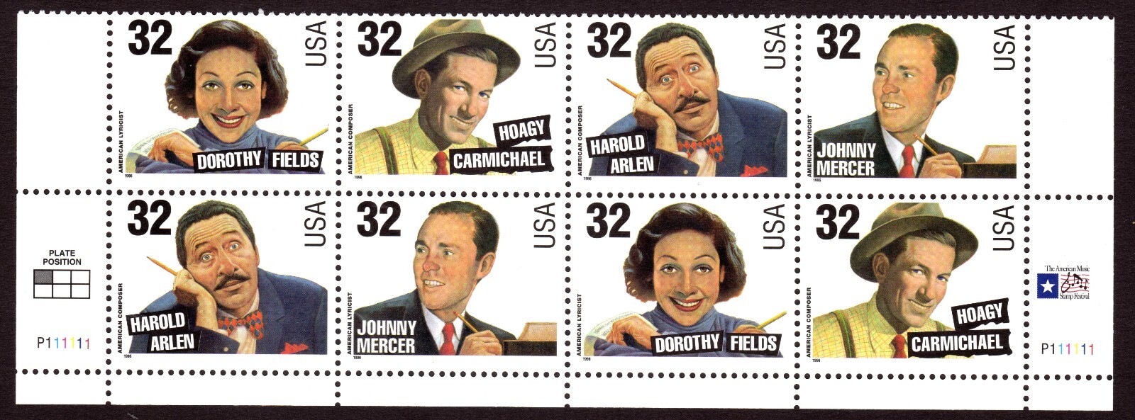 Scott #3103a (3100-3103) Songwriters - 32¢ Stamp Plate Block of 8 Stamps - MNH