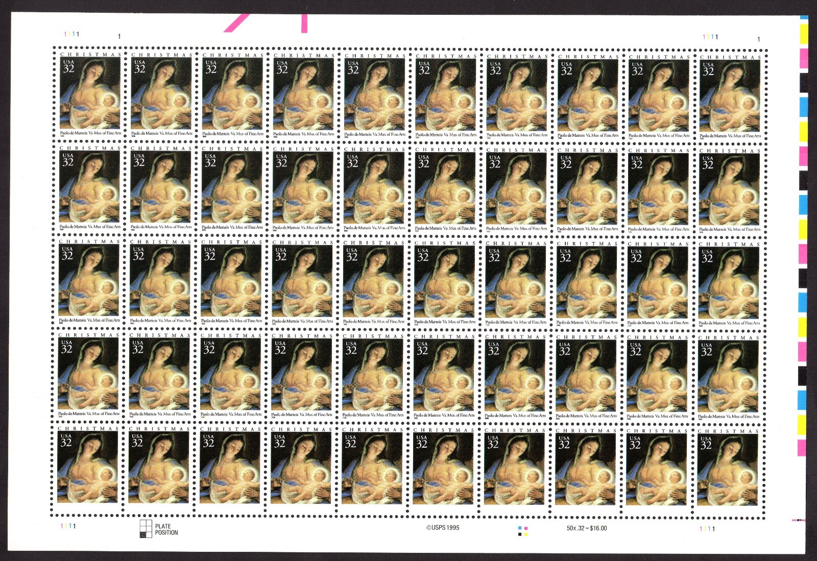 Scott #3107 Madonna (Mary, Matteis) Sheet of 50 Stamps - MNH P#1111-1