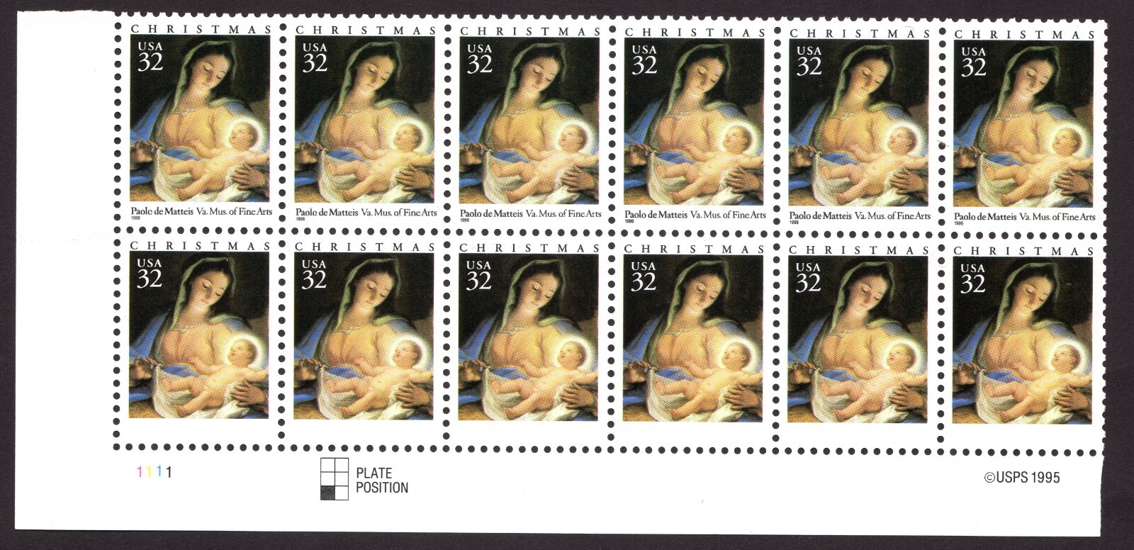 Scott #3107 Madonna (Mary, Matteis) Plate Block of 12 Stamps - MNH LL