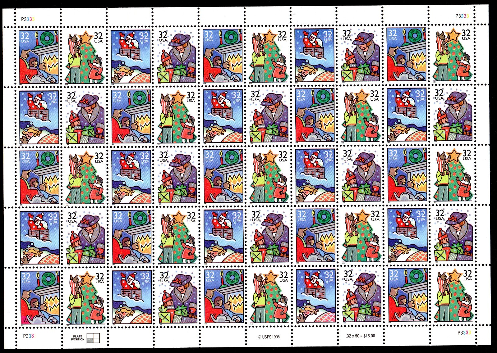 Scott #3111a (3108-3111) Christmas Family Scenes Sheet of 50 Stamps - MNH P#3333