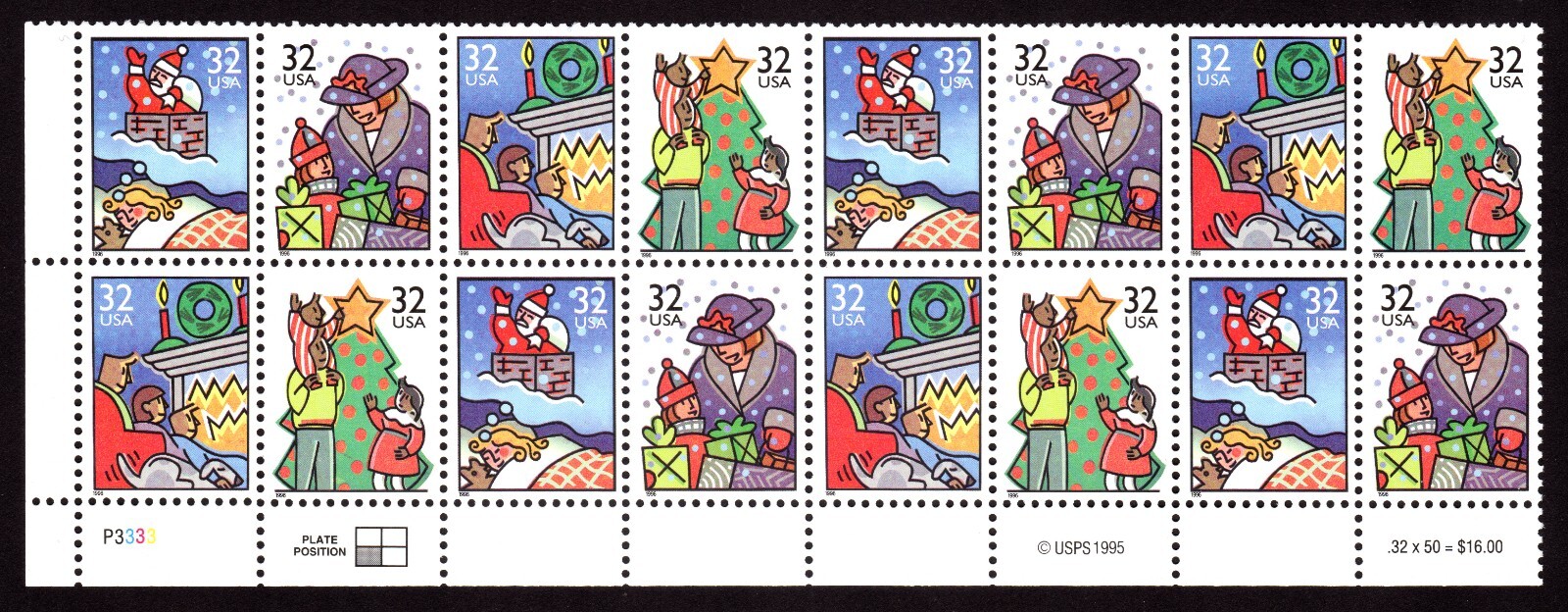 Scott #3111a (3108-11) Christmas Family Scenes Plate Block of 16 Stamps - MNH LL