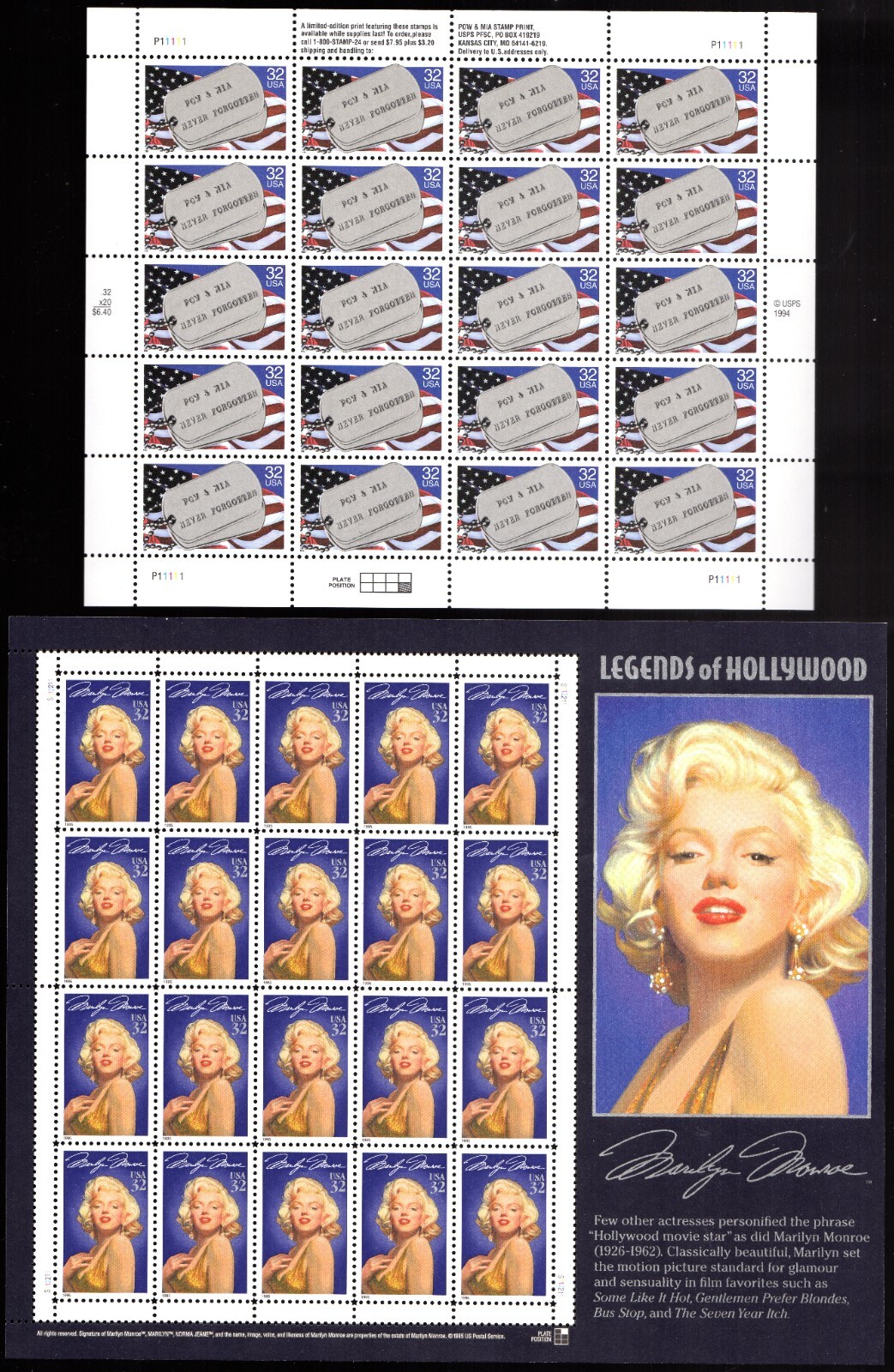 Scott #2966-2967 POW MIA (Veterans) & Marilyn Monroe Sheet of 20 Stamps - MNH