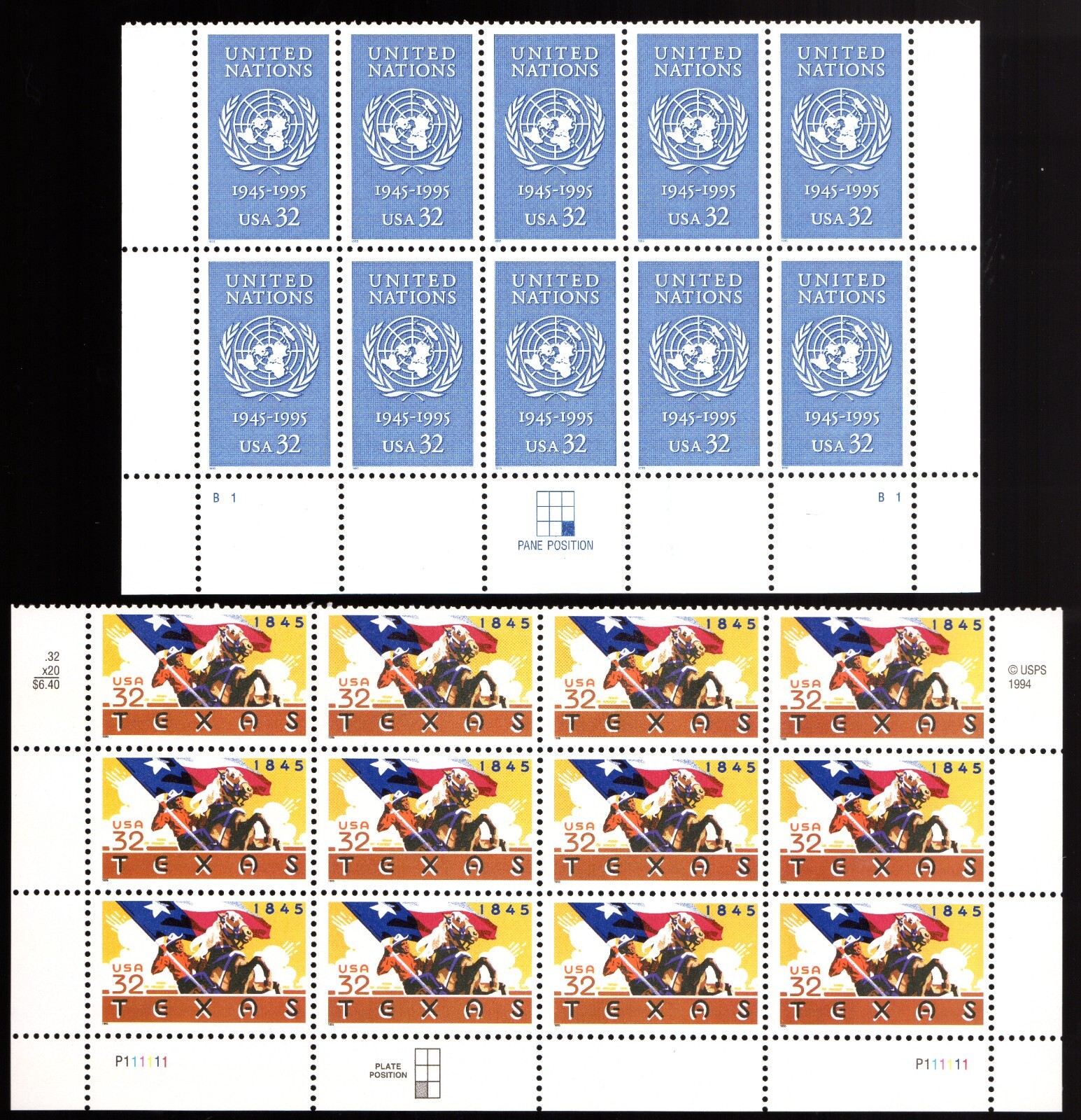 Scott #2968-2974 Texas & United Nations Plate Block of 10 & 15 Stamps - MNH