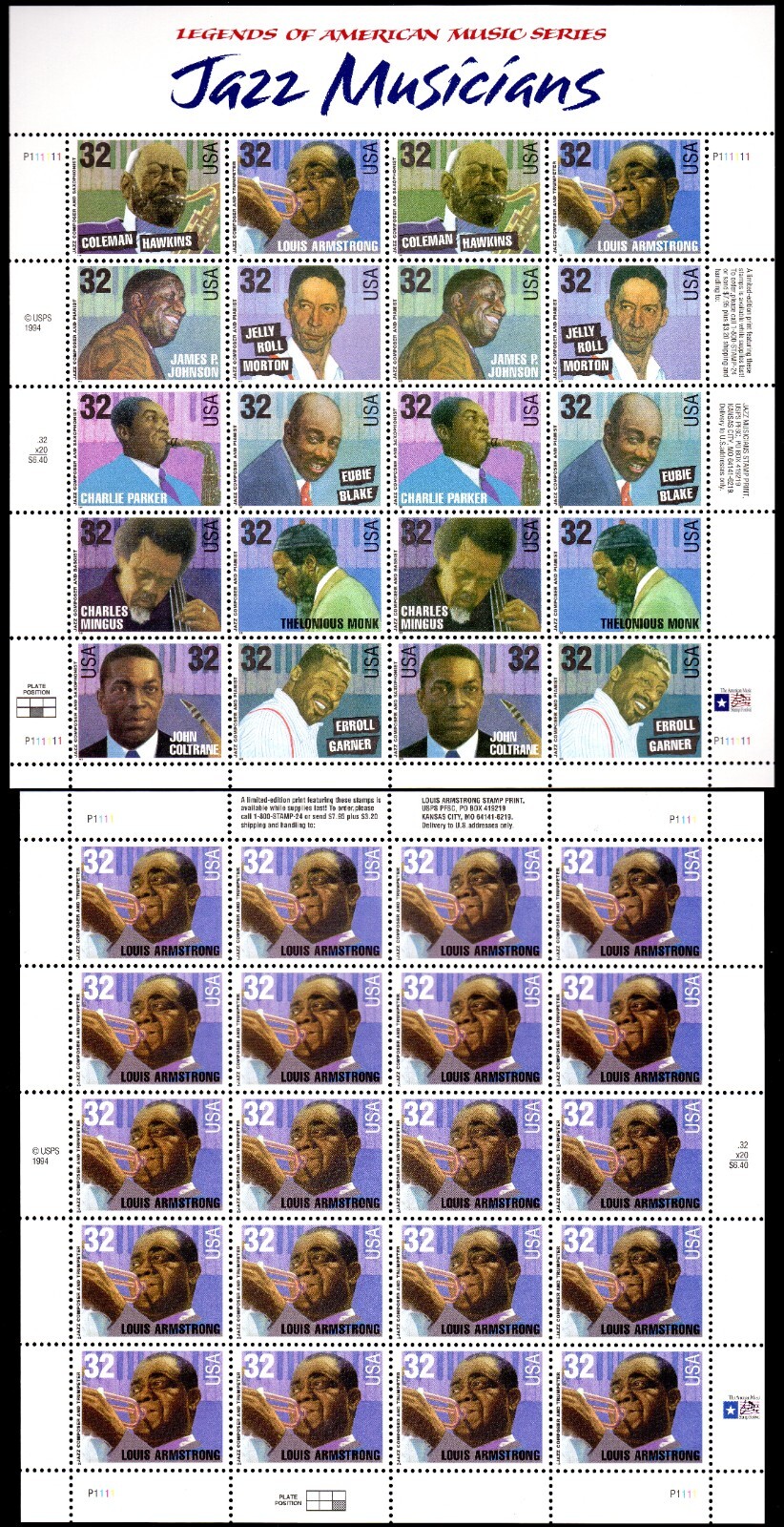 Scott #2982-2992a Jazz Musicians & Louis Armstrong Sheet of 20 Stamps - MNH