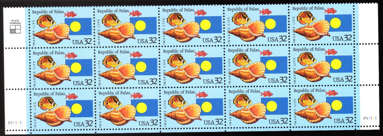 Scott #2999 Republic of Palau (seashell) Plate Block of 15 Stamps - MNH