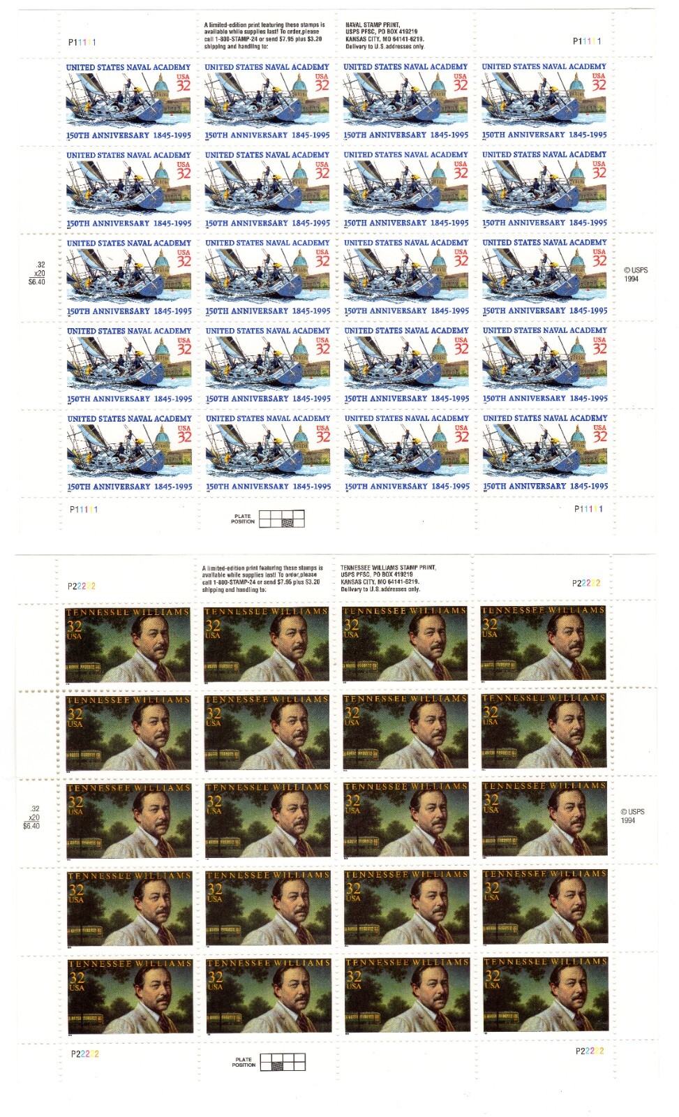 Scott #3001-3002 Naval Academy Tennesee Williams Sheet of 20 Stamps - MNH