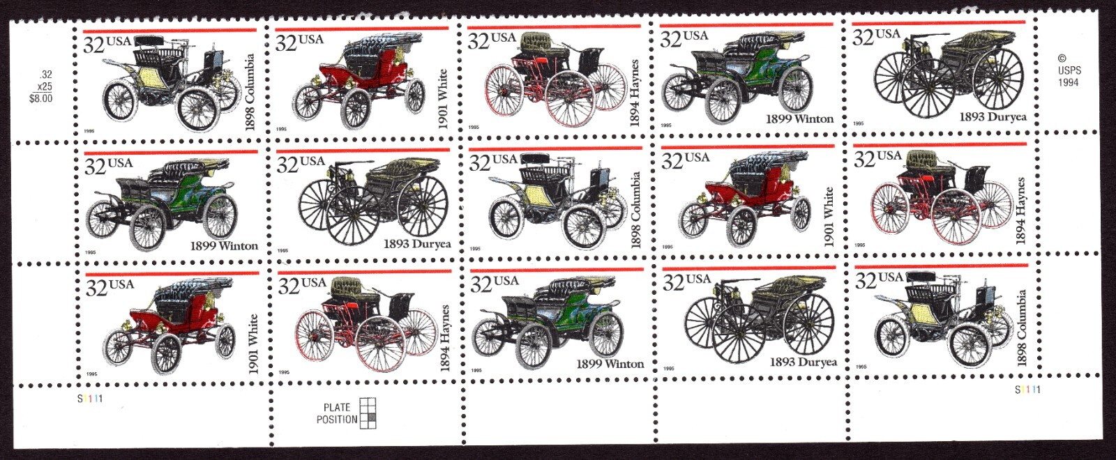 Scott #3023a Antique Automobiles Plate Block of 15 Stamps - MNH Bottom