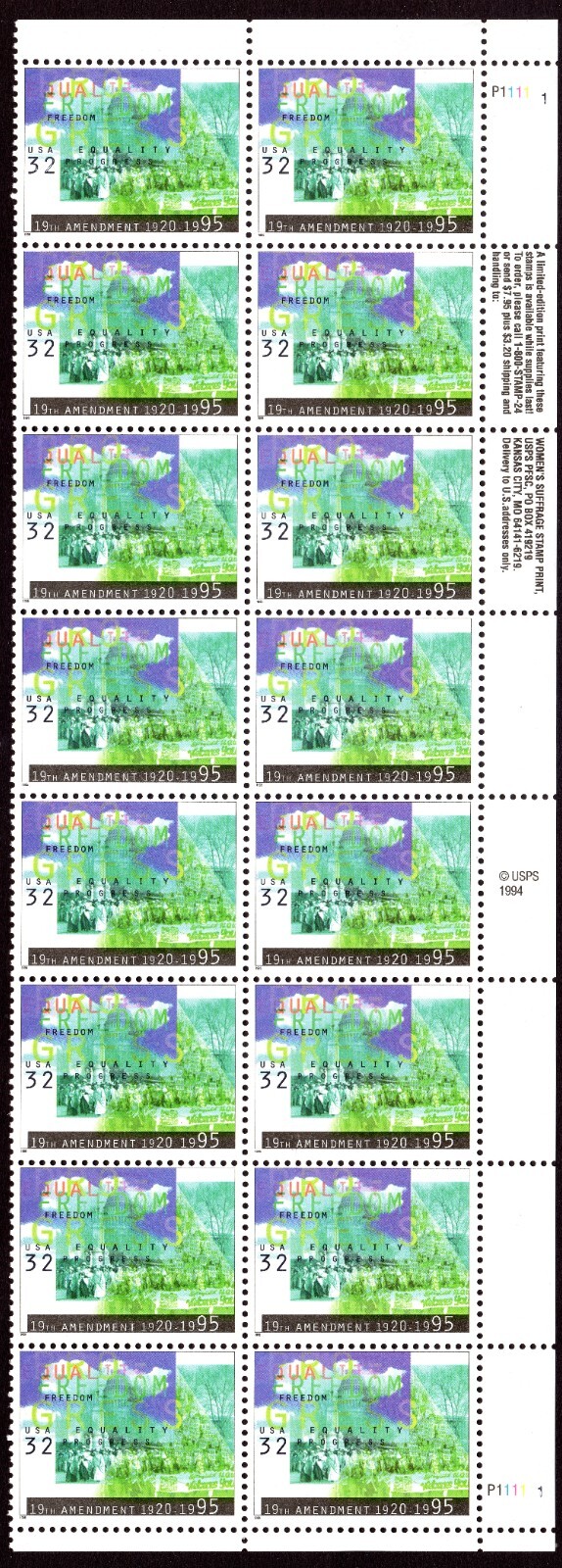 Scott #2980 19th Amendment (Woman's Rights) Plate Block of 16 Stamps - MNH Right