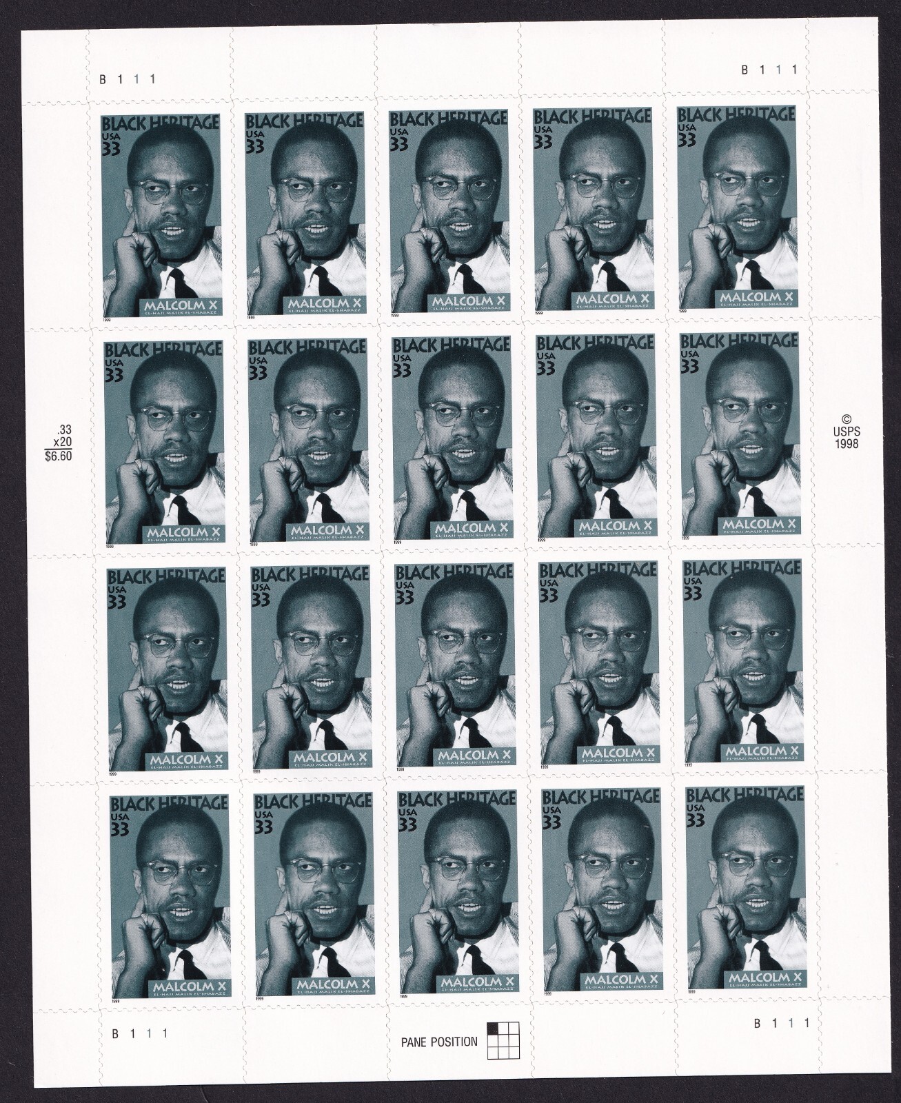 Scott #3273 Malcolm X (Black Heritage) Full Sheet of 20 Stamps - MNH