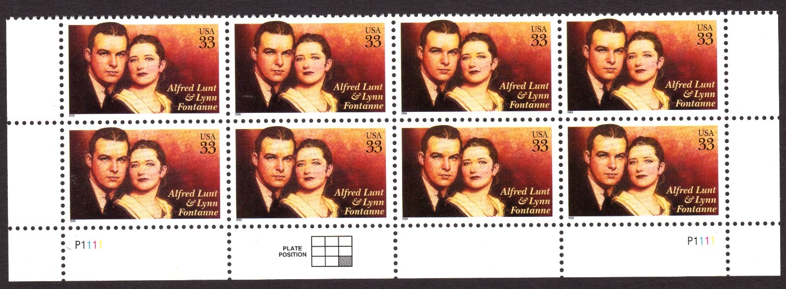 Scott #3287 Alfred Lunt & Lynn Fontanne Plate Block of 8 Stamps - MNH Bottom