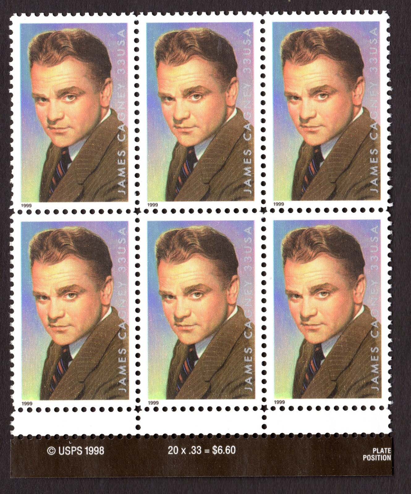 Scott #3329 James Cagney (Legends of Hollywood) Block of 6 Stamps - MNH