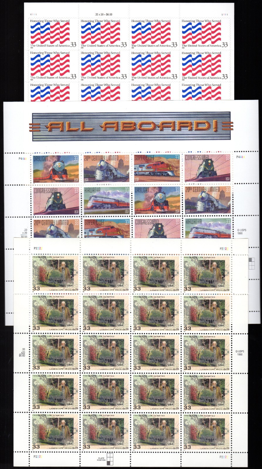 Scott #3331-3337a-3338 Honoring Trains Olmsted Sheet of 20 Stamps - MNH