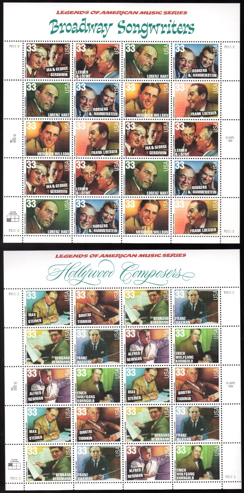 Scott #3344a-3350a Songwriters Composers Sheet of 20 Stamps - MNH