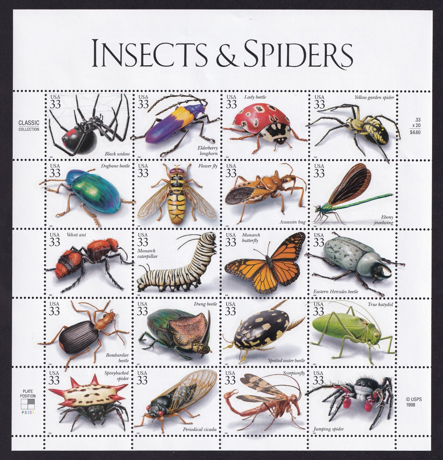 Scott #3351 Insects and Spiders Sheet of 20 Stamps - MNH