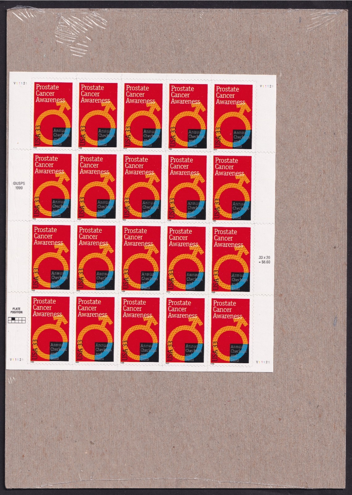 Scott #3315 Prostate Cancer Awareness Sheet of 20 Stamps - Sealed Brown