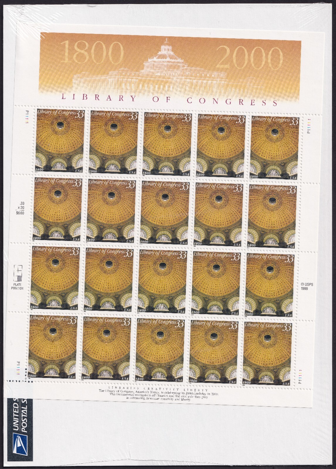 Scott #3390 Library of Congress Sheet of 20 Stamps - Sealed White