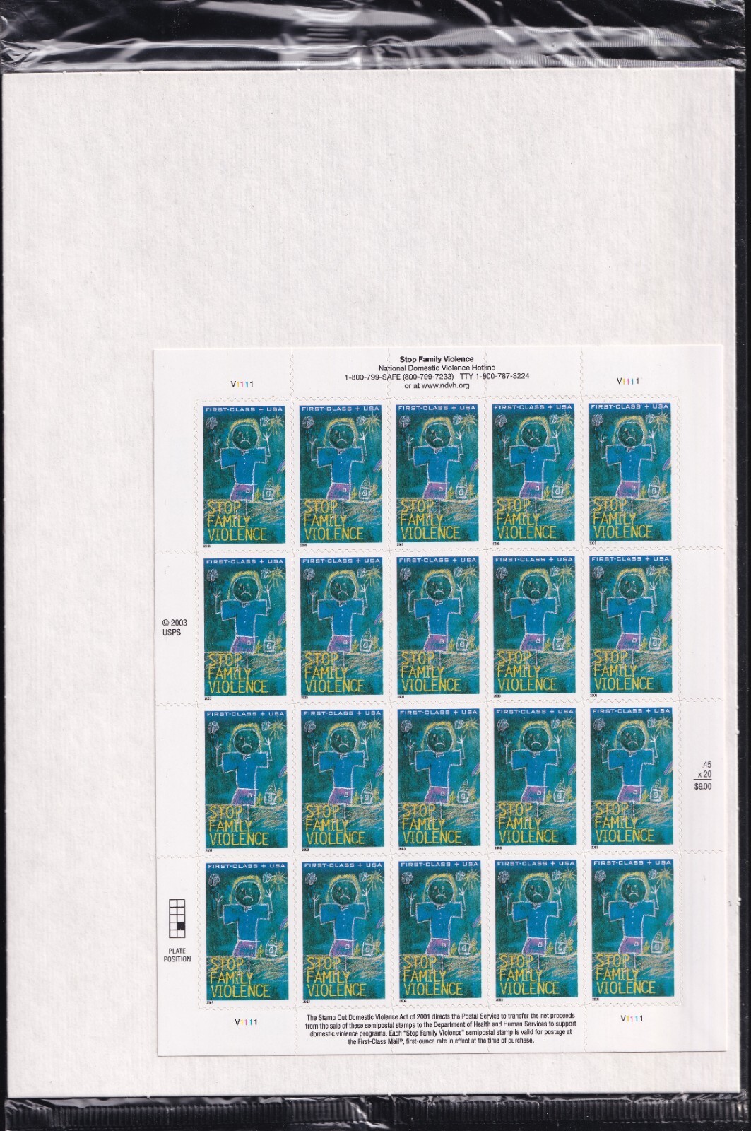 Scott #B3 Stop Family Violence Sheet of 20 Stamps - Sealed White